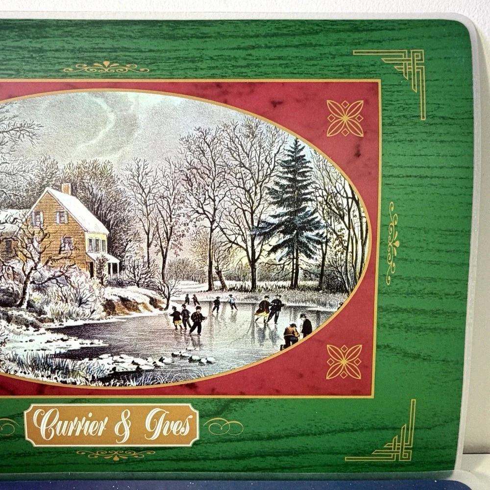VTG Bright of America Currier & Ives Christmas Placemats Reversible USA Set/4